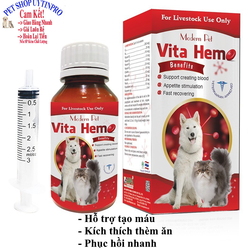 [Hoàn tiền 10%]  Vita Hem Hỗ trợ tạo máu Kích thích thèm ăn Phục hồi nhanh CHO THÚ CƯNG CHÓ MÈO Chai 100ml Thương hiệu Thái lan - Pet shop Uytinpro