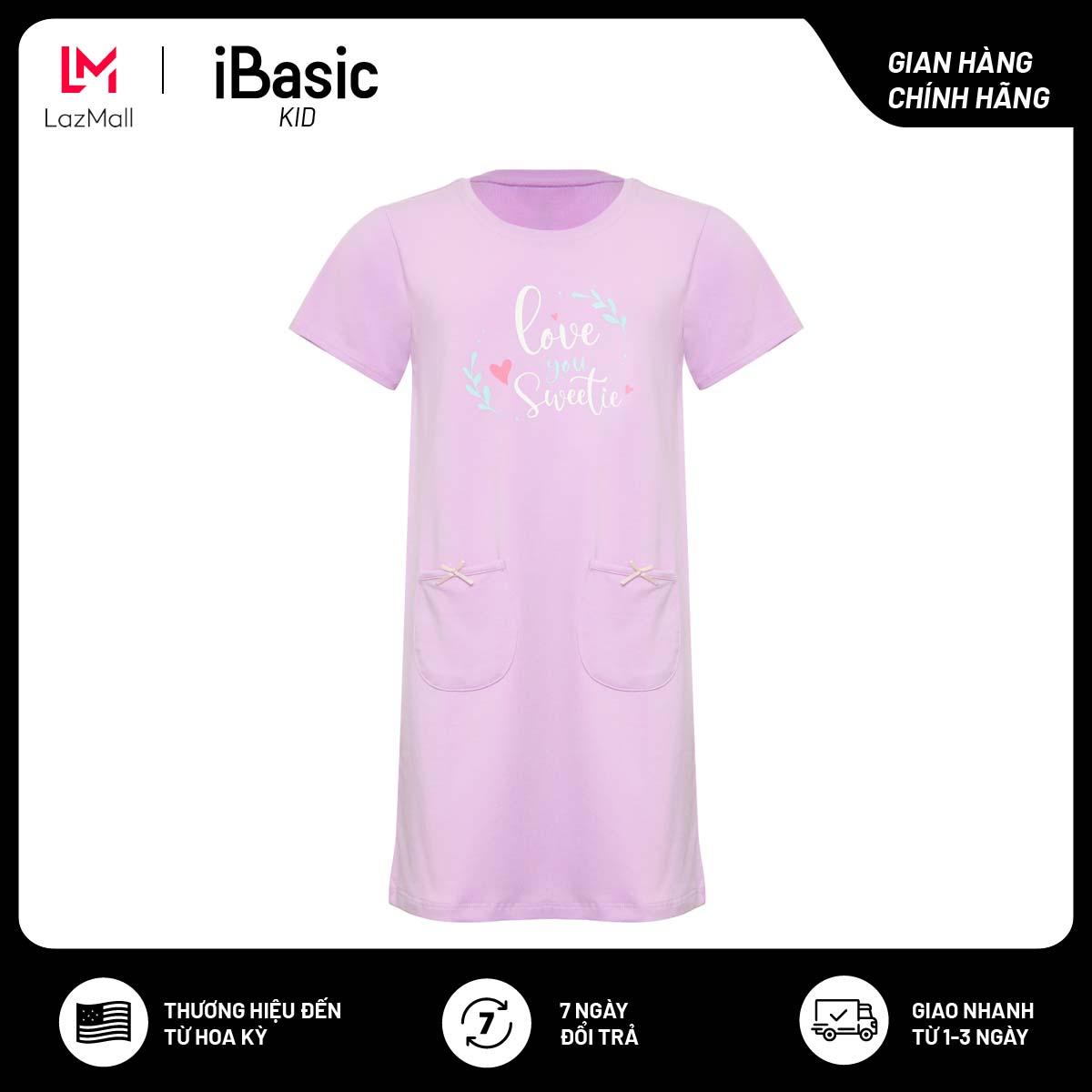 Đầm mặc nhà bé gái tay ngắn thun cotton in hoạ tiết iBasic HOMG007