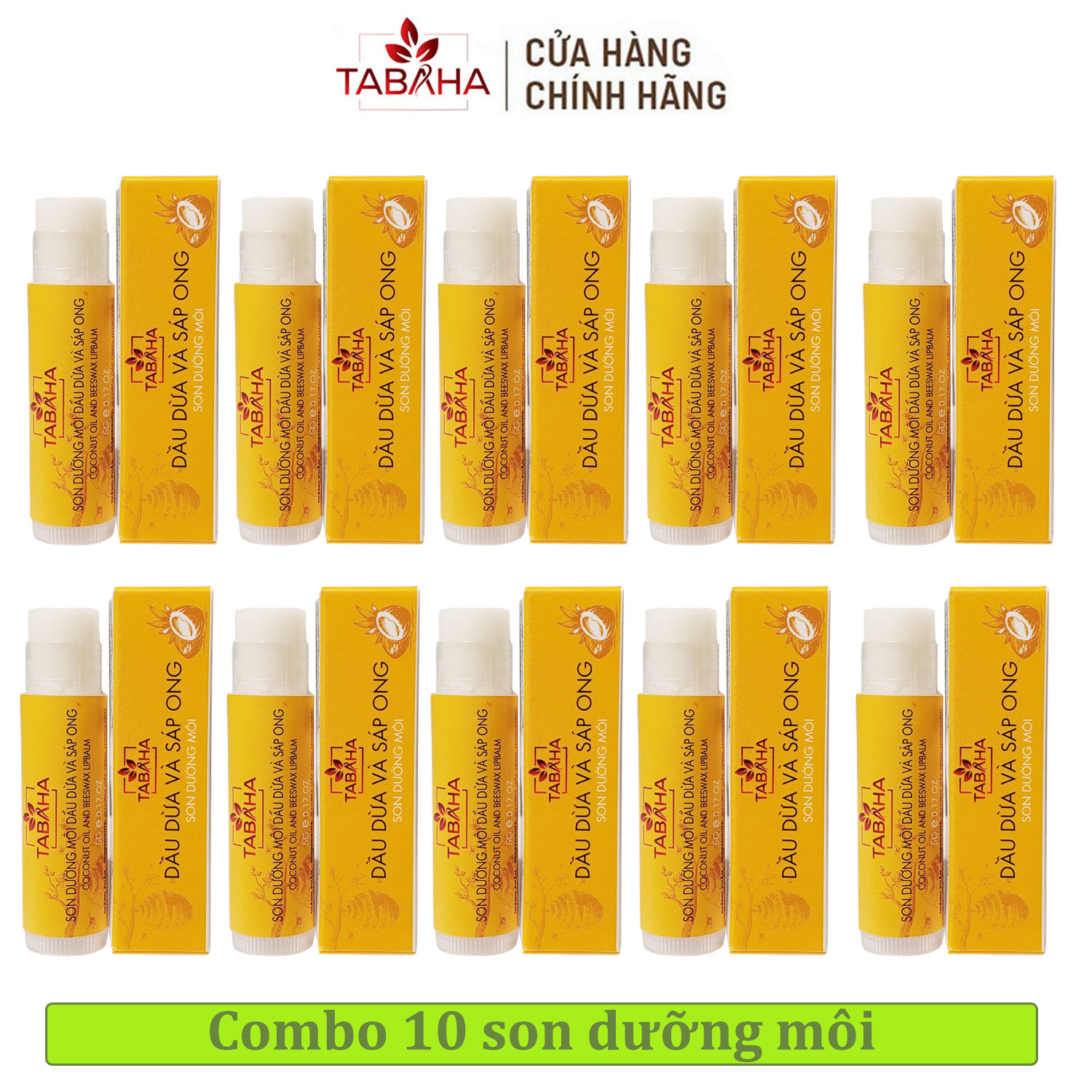Bộ 10 son dưỡng môi Tabaha chiết xuất từ dầu dừa sáp ong 5g/cây