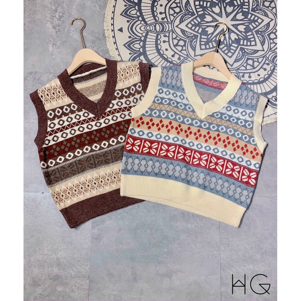 Áo len gile nữ - hoa văn thổ cẩm - hàng đẹp