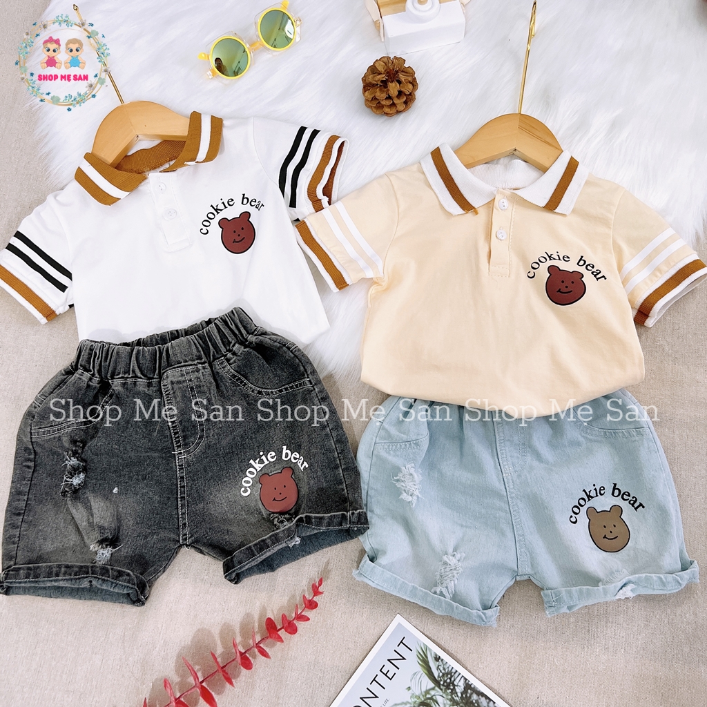 Bộ cộc tay bé trai, bộ hè bé trai cổ polo sành điệu hoạ tiết in gấu bear đáng yêu, chất liệu mềm mát