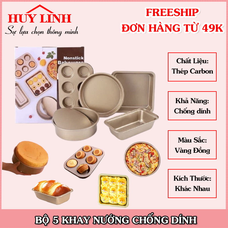 Bộ 5 Khay Nướng Bánh Chống Dính, Khuôn Nướng Bánh Mì 5 Món Chất Liệu Thép Carbon Cao Cấp, Phụ Kiện Làm Bánh, (KBM05)