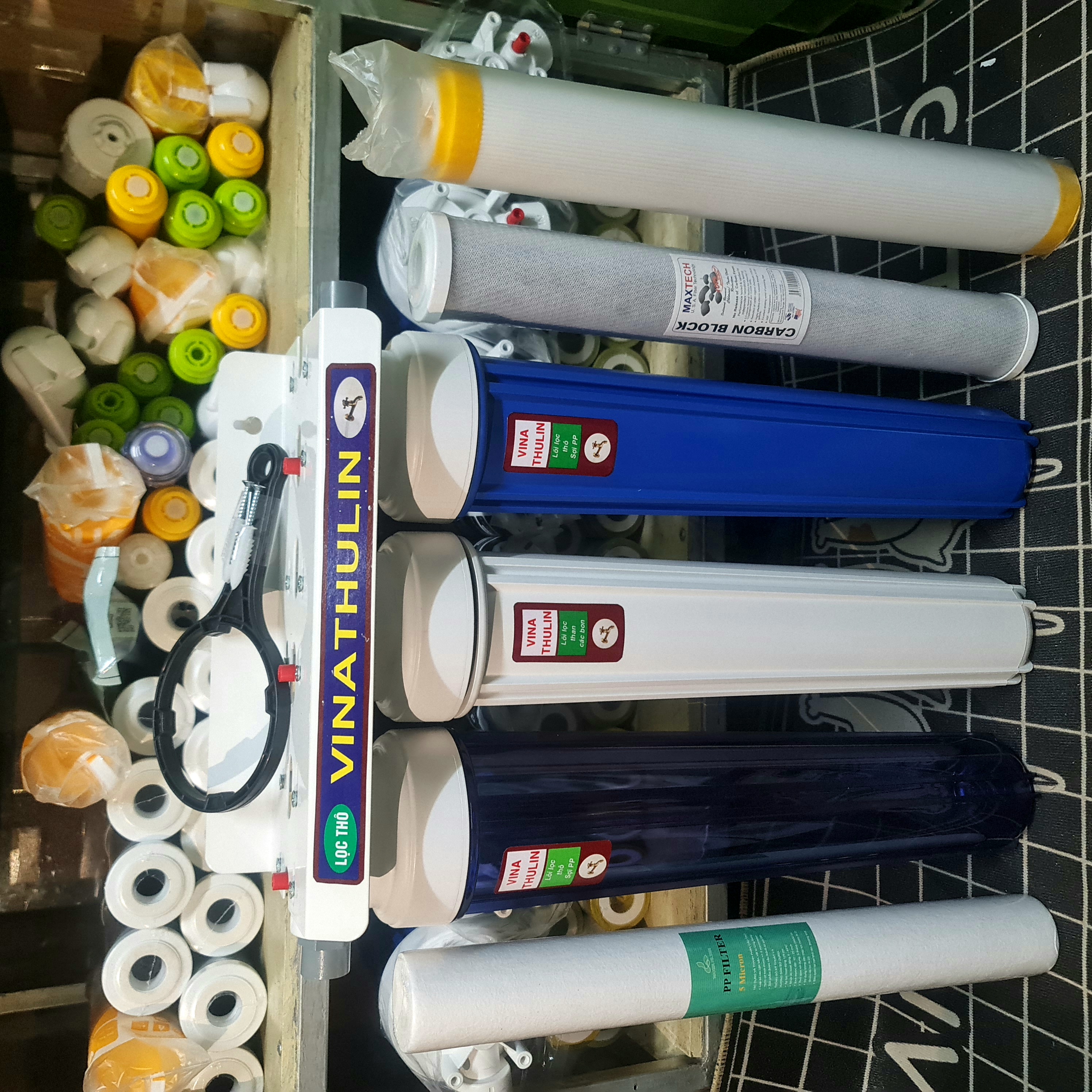 Bộ 3 cốc lọc 20 inch VINATHULIN xanh/trắng đã lắp hoàn chỉnh kèm lõi lọc