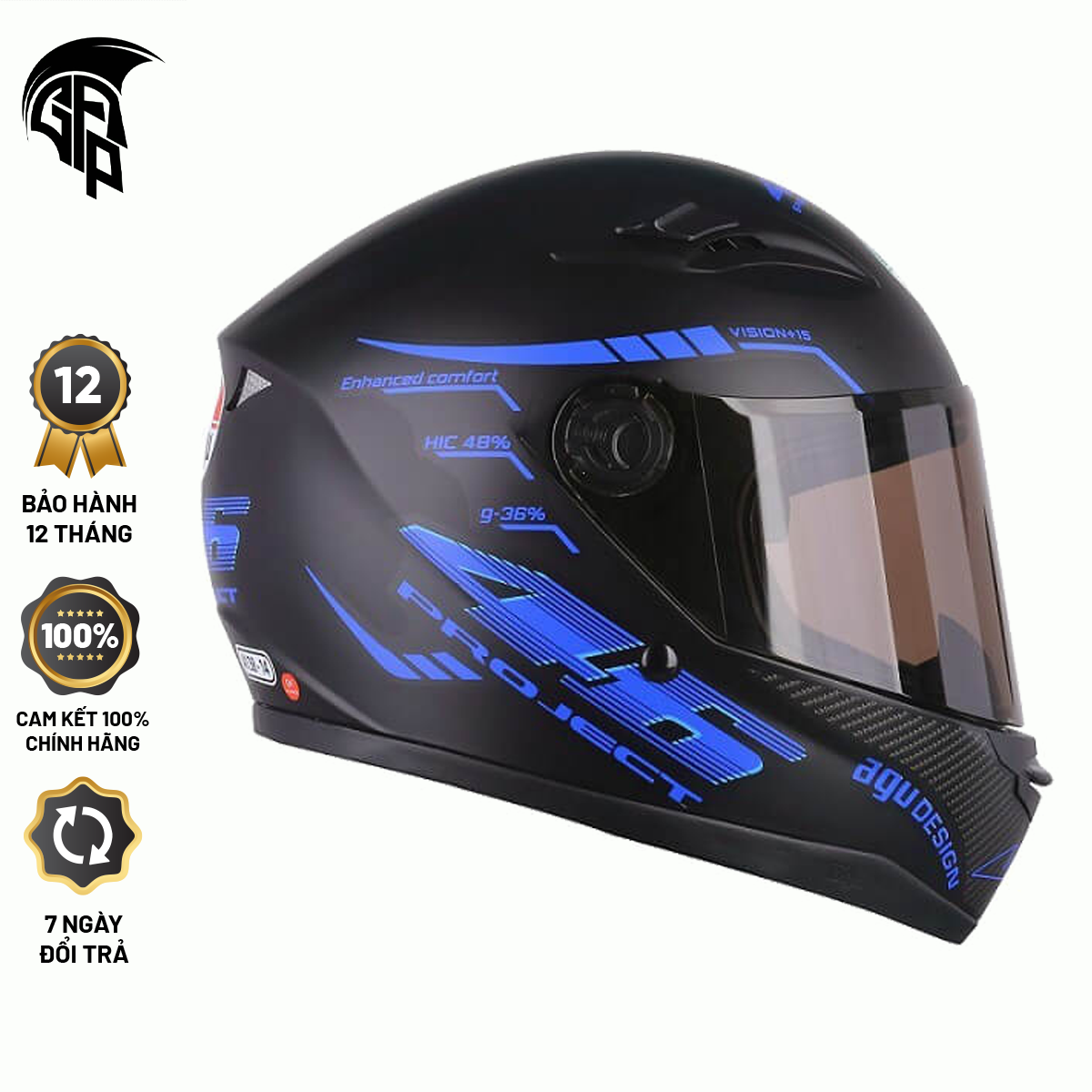 Mũ Bảo Hiểm fullface AGU Tem 46 Xanh Dương (Kính trong) - Bảo Hành 12 Tháng