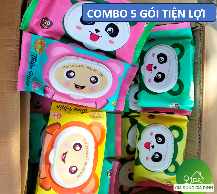 COMBO 5 Bịch khăn ướt gấu trúc, giấy ướt Baby Thiên Phúc 120 tờ không mùi