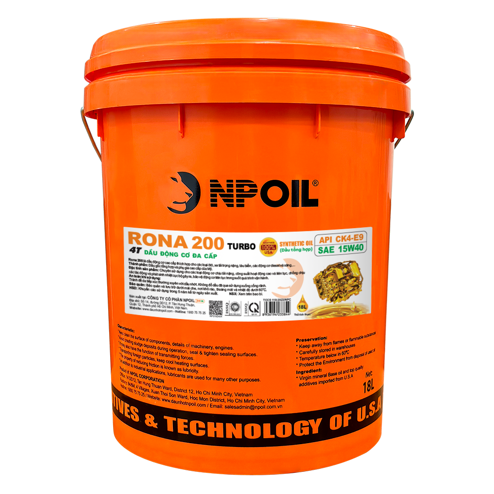 Dầu động cơ xe tải, tàu thuyền RONA 200 Turbo - API CI4/SL - 15W40 (Synthetic oil) - Xô 18 Lít Giá 3,573,625 Đồng*Miễn phí vận chuyển