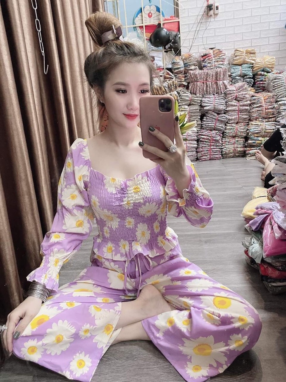 Set bộ voan hoa cúc nhún bèo quần ống rộng tiểu thư HL30