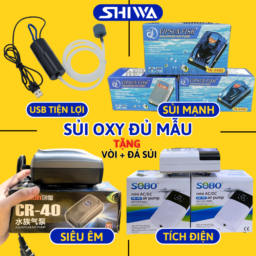 Máy sủi oxy bể cá, sục tạo oxy cho hồ cá - máy sủi oxi mini nhiều mẫu, tích điện/1 vòi/ 2 vòi/ máy oxi pin shiwa-oxy