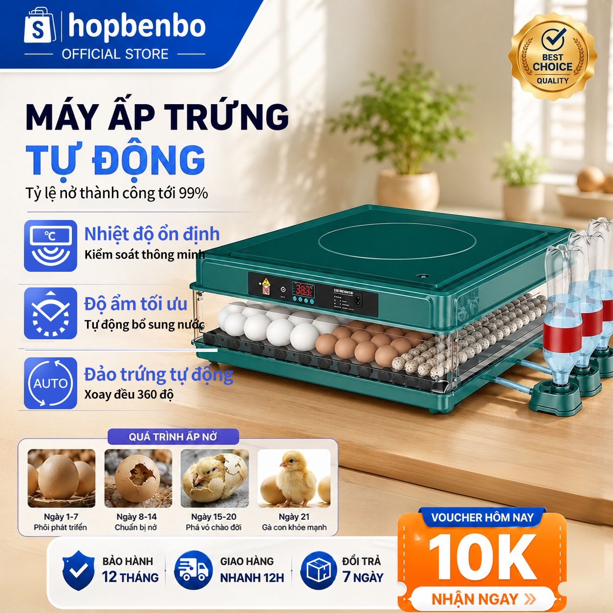 Máy ấp trứng tự động 6-64 trứng, thùng hợp kim cao cấp, điều chỉnh nhiệt độ, nở đều, BH 12 tháng