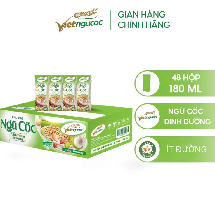 Thùng 48 Hộp Sữa Ngũ Cốc Dinh Dưỡng Ít Đường VIỆT NGŨ CỐC Uống Liền 180ml/ Hộp