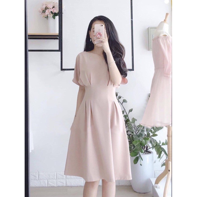 Đầm cổ v xếp li eo 2 màu
