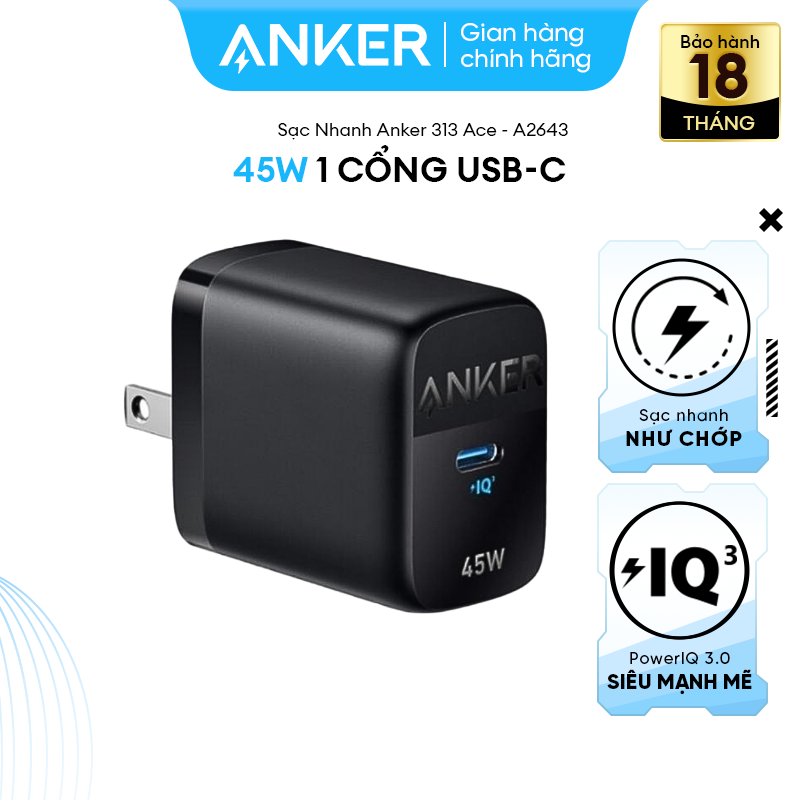Sạc nhanh anker 313 ace - 45w - 1 cổng usb-c - a2643