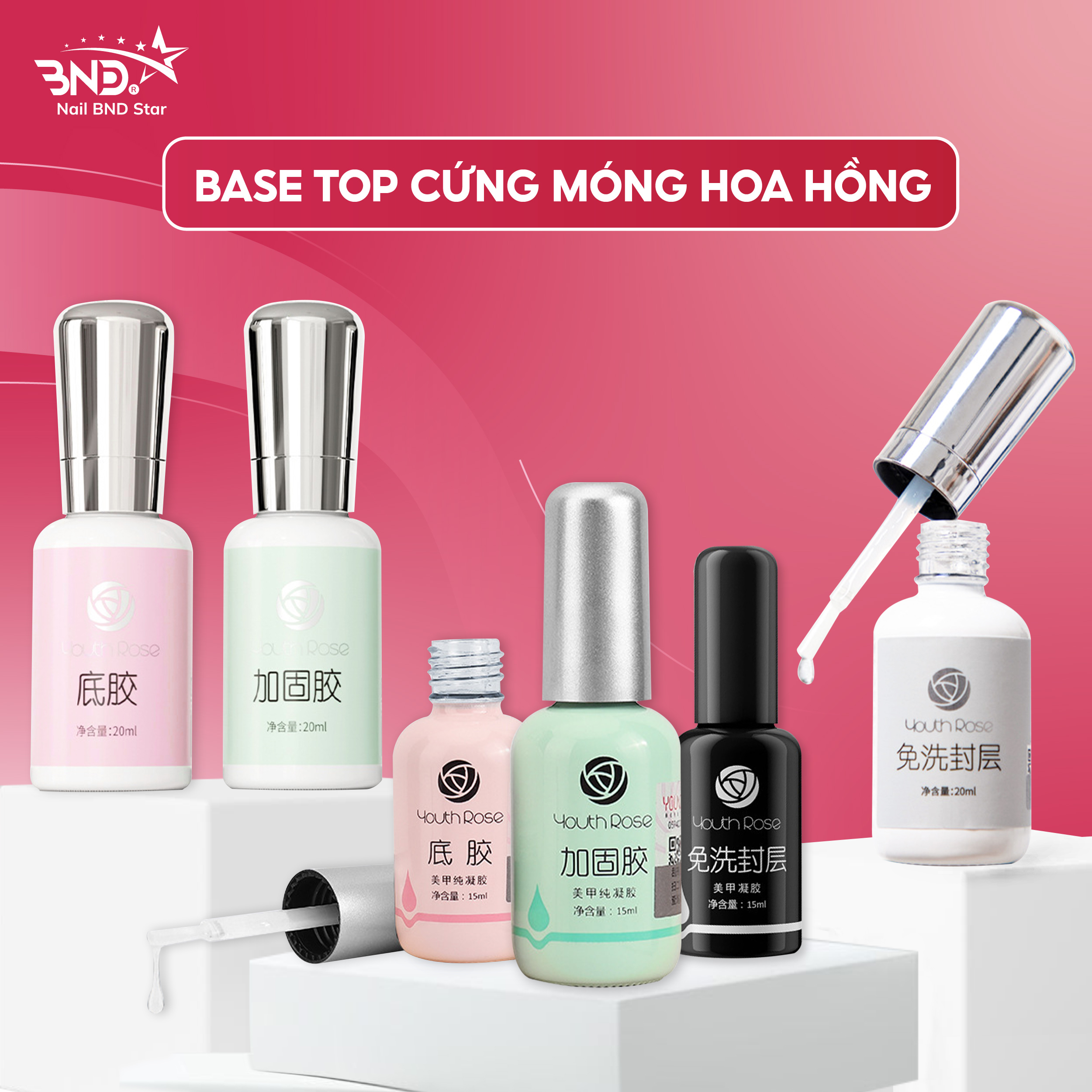 Base top hoa hồng Youth Rose 15ml 20ml chính hãng - Gel liên kết phủ bóng cứng móng làm nail