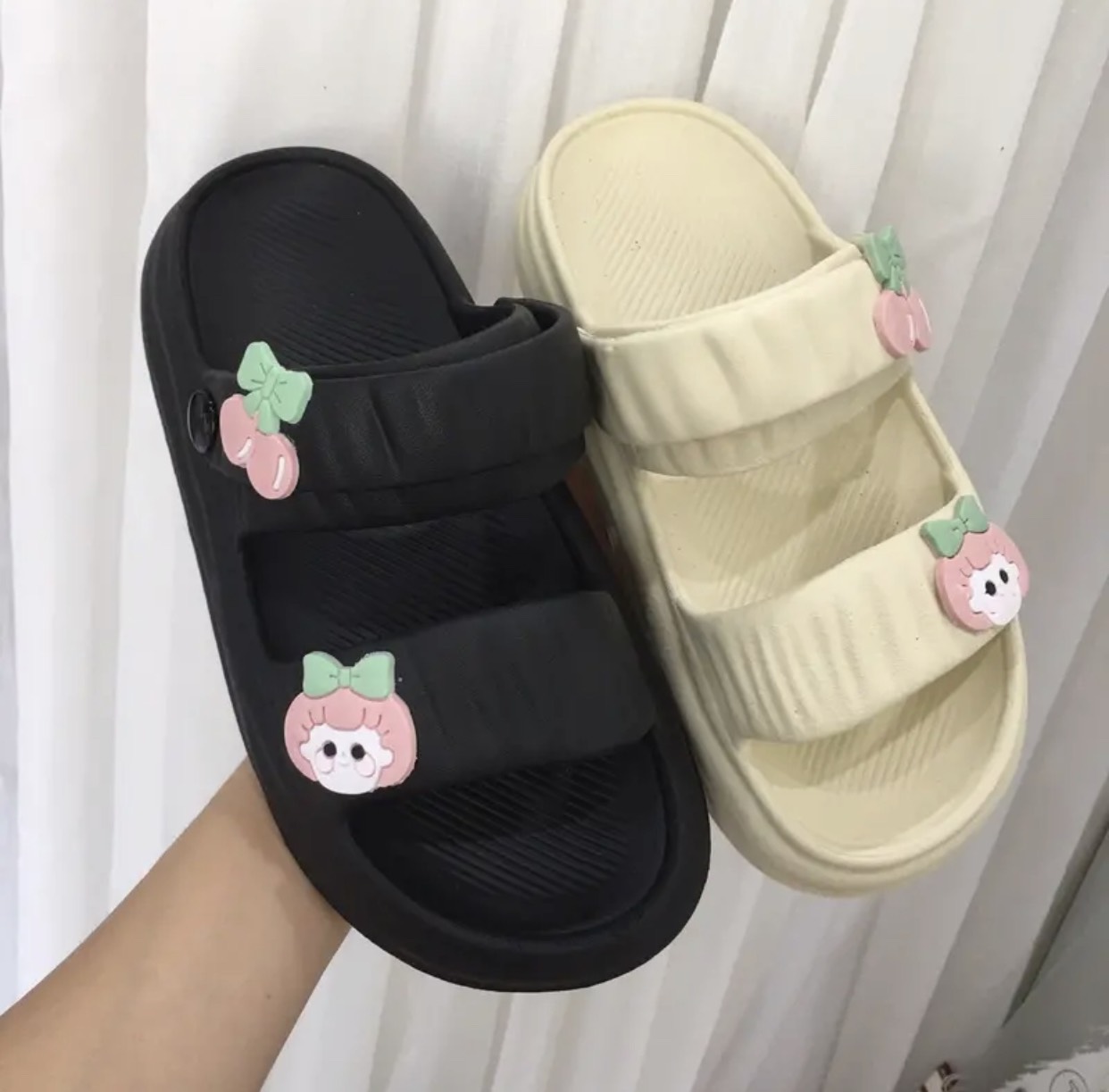 Dép sandal nữ, Dép quai hậu học sinh dán sicker Cherry Hồng siêu đáng yêu