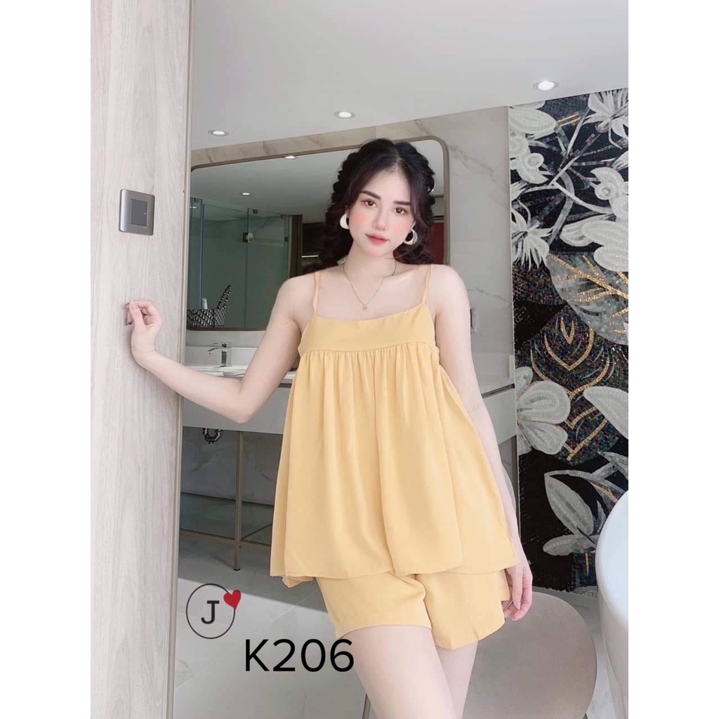 Bộ đồ ngủ pijama nữ hai dây chất lụa Kate Thái mềm mịn họa tiết trơn màu vàng
