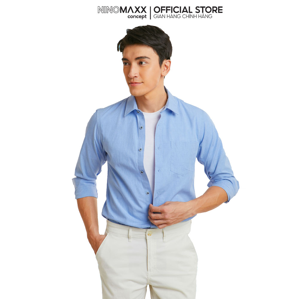 Ninomaxx áo sơ mi basic nam tay dài chất liệu 100% cotton 2011096