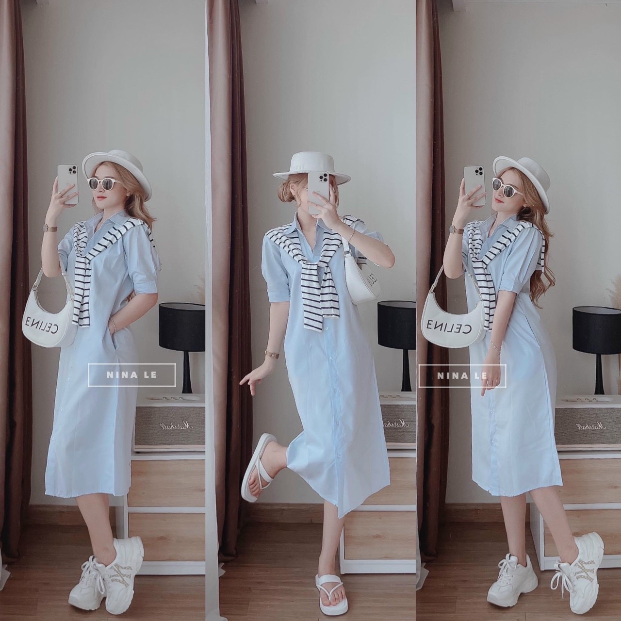 Đầm dài suông lụa polo qua gối tay lửng cổ sơ mi chữ v phối kiểu khăn choàng cổ - đầm kiểu dáng suông thanh lịch , lịch sự