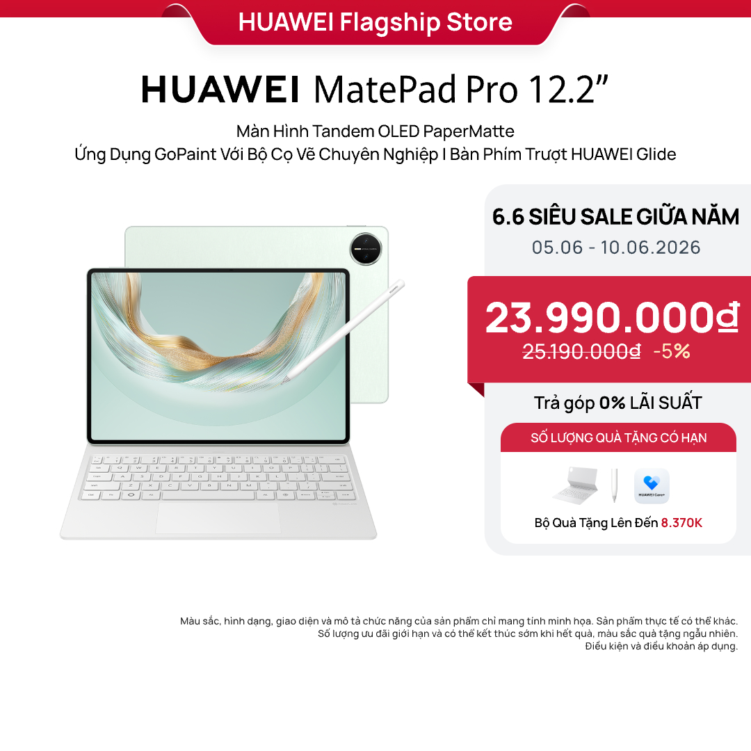 Máy tính bảng HUAWEI Matepad Pro 12.2" 2025 | Màn Hình Tandem OLED PaperMatte | Ứng Dụng GoPaint Với Bộ Cọ Vẽ Chuyên Nghiệp | Bàn Phím Trượt HUAWEI Glide