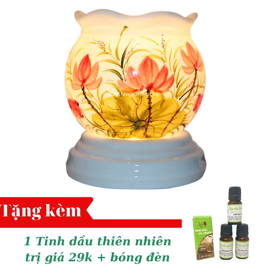 Đèn xông tinh dầu gốm bát tràng tặng kèm tinh dầu đuổi muỗi và bóng đèn halogen