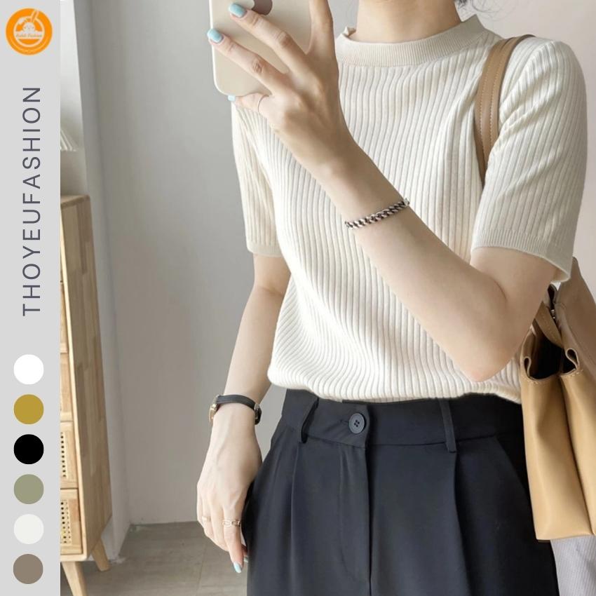 Áo len tăm đũa cộc tay dáng ôm cổ tròn basic m3029