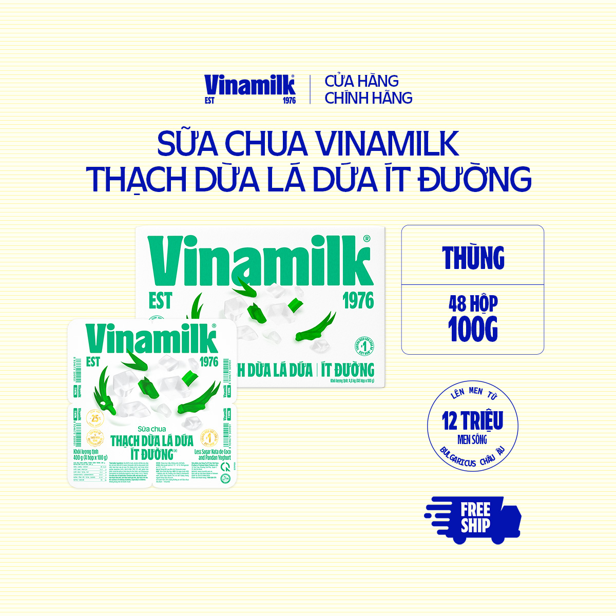   CHỈ GIAO TRONG BÁN KÍNH 10KM  Thùng 48 hộp Sữa chua ăn Vinamilk Thạch Lá Dứa Ít Đường - Yaourt 100g 