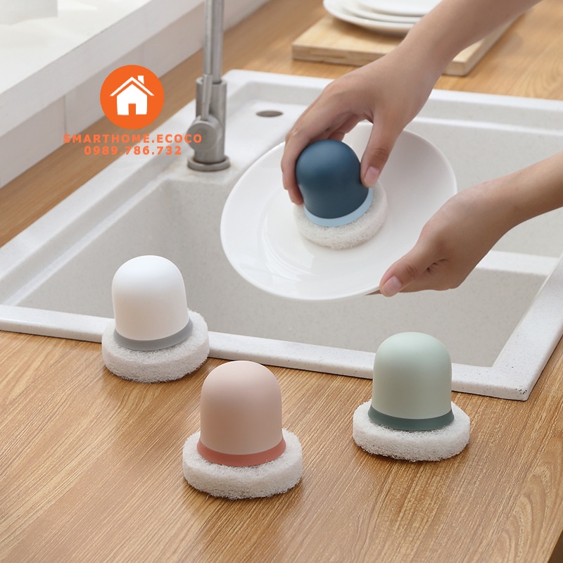 Miếng bọt biển rửa chén chà nồi hình tròn có tay cầm tiện lợi