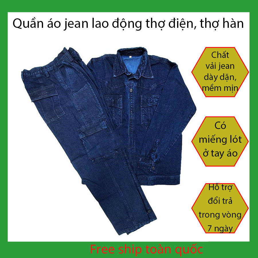 Quần áo jean quần bò thợ hàn thợ điện cao cấp dùng cho điện lực miền nam vải jean loại tốt mềm mịn