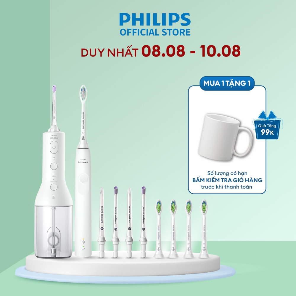 Bộ bàn chải điện philips hx3671/23 + 4 đầu thay thế hx6064/67 + máy tăm nước hx3826 + 2 đầu thay thế hx3042 + 2 đầu thay thế hx3062