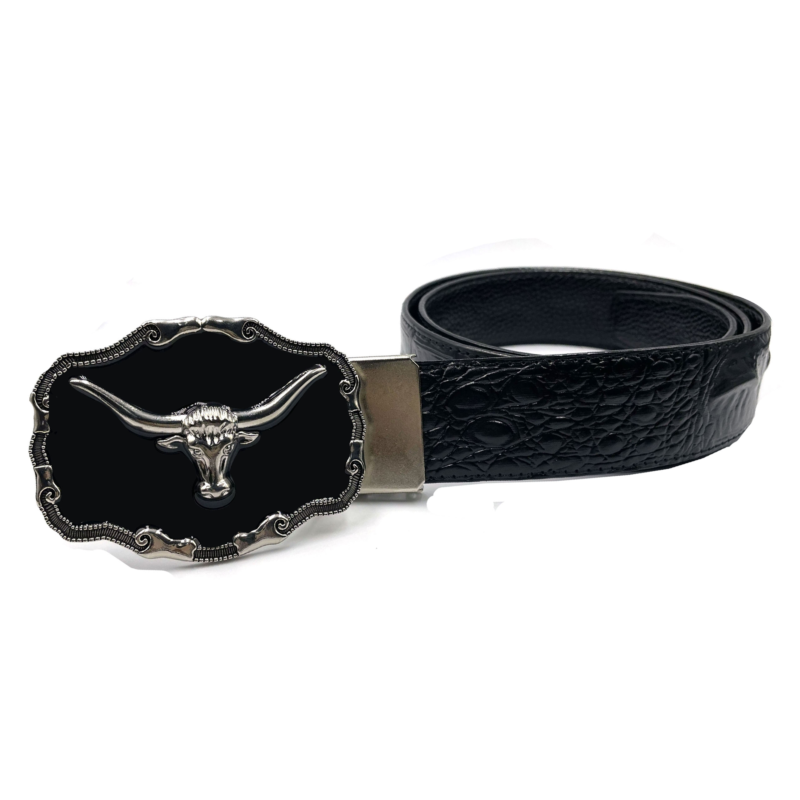 Thắt lưng nam chất liệu da công nghiệp vân nổi cá sấu đầu khóa kim loại nguyên khối hình đầu bò độc đáo bền đẹp