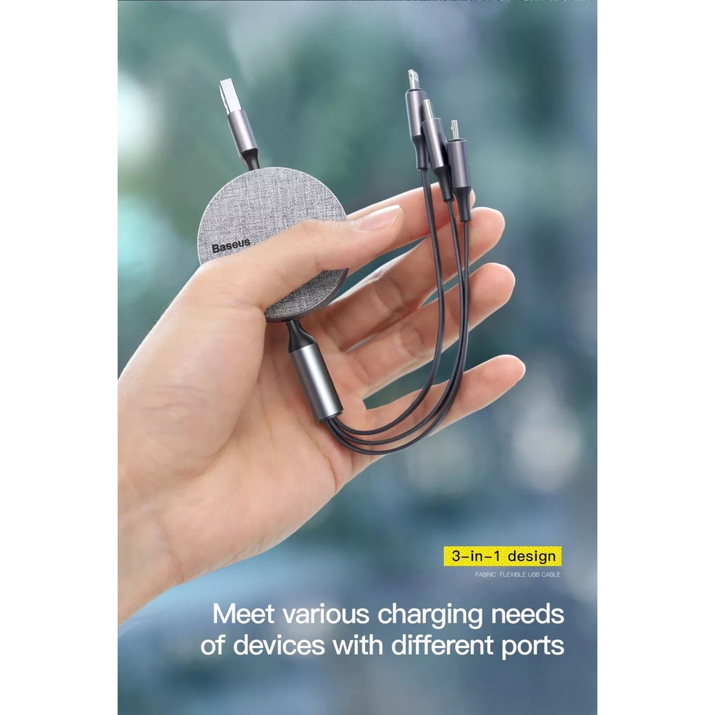 Cáp sạc dây rút baseus fabric 3-in-1 flexible cable tích hợp 3 đầu type c / micro usb/ lightning 3.5a 1.2m