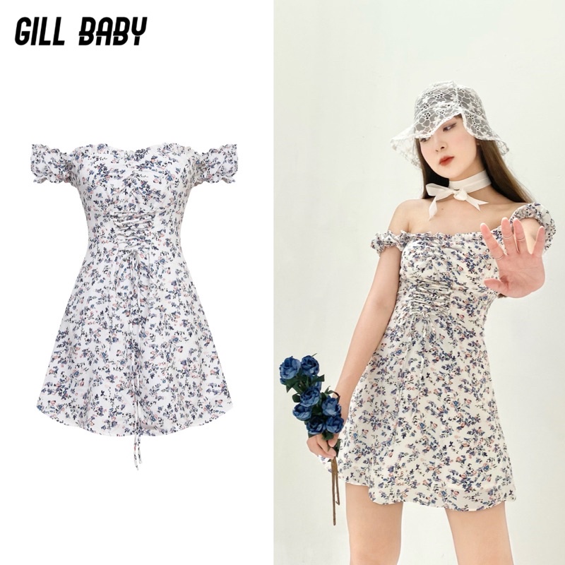 Gill baby | váy hoa nhí trễ vai dáng xoè chiết eo