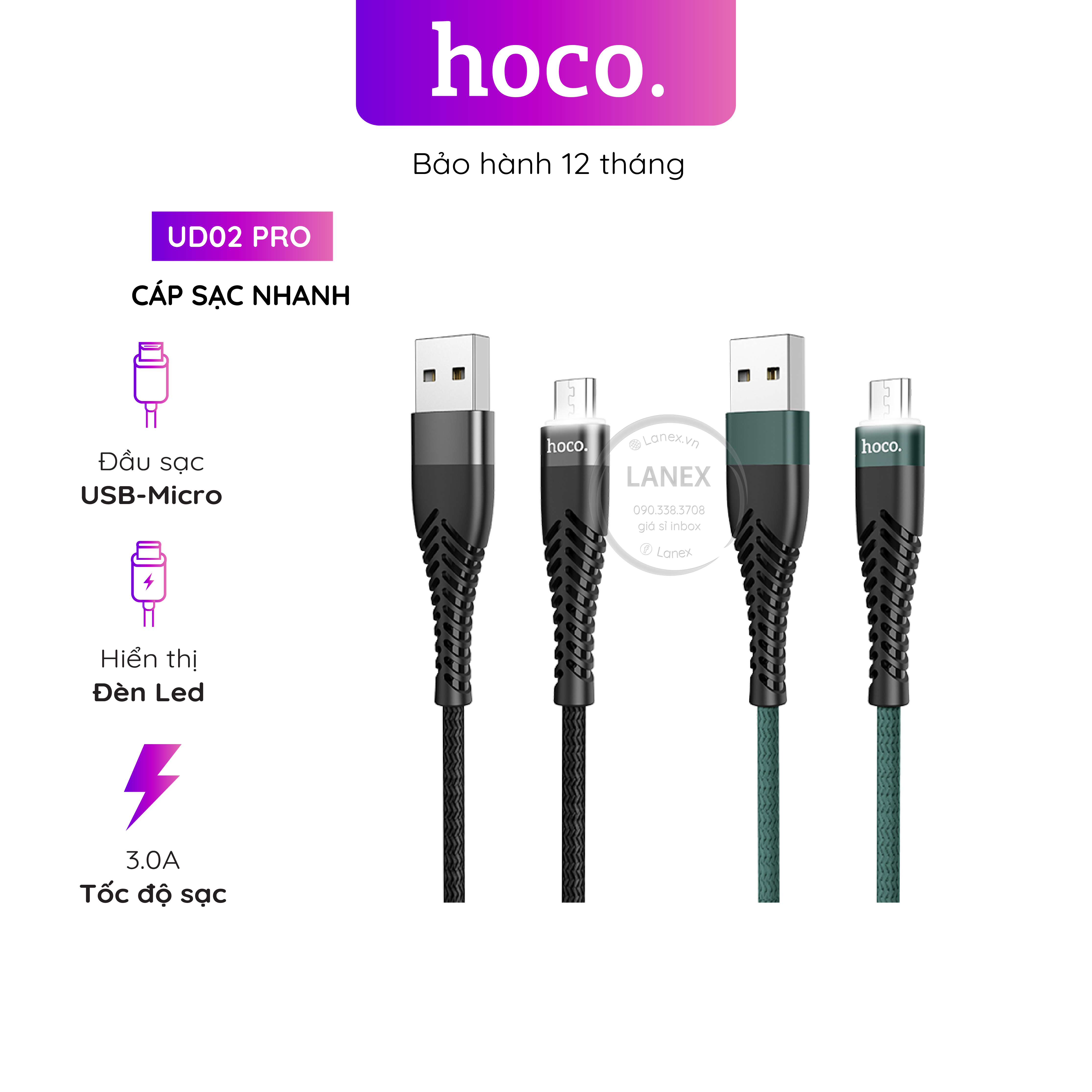 Cáp sạc nhanh hoco ud02 pro dây dù có led micro 3.0a dài 1.0m