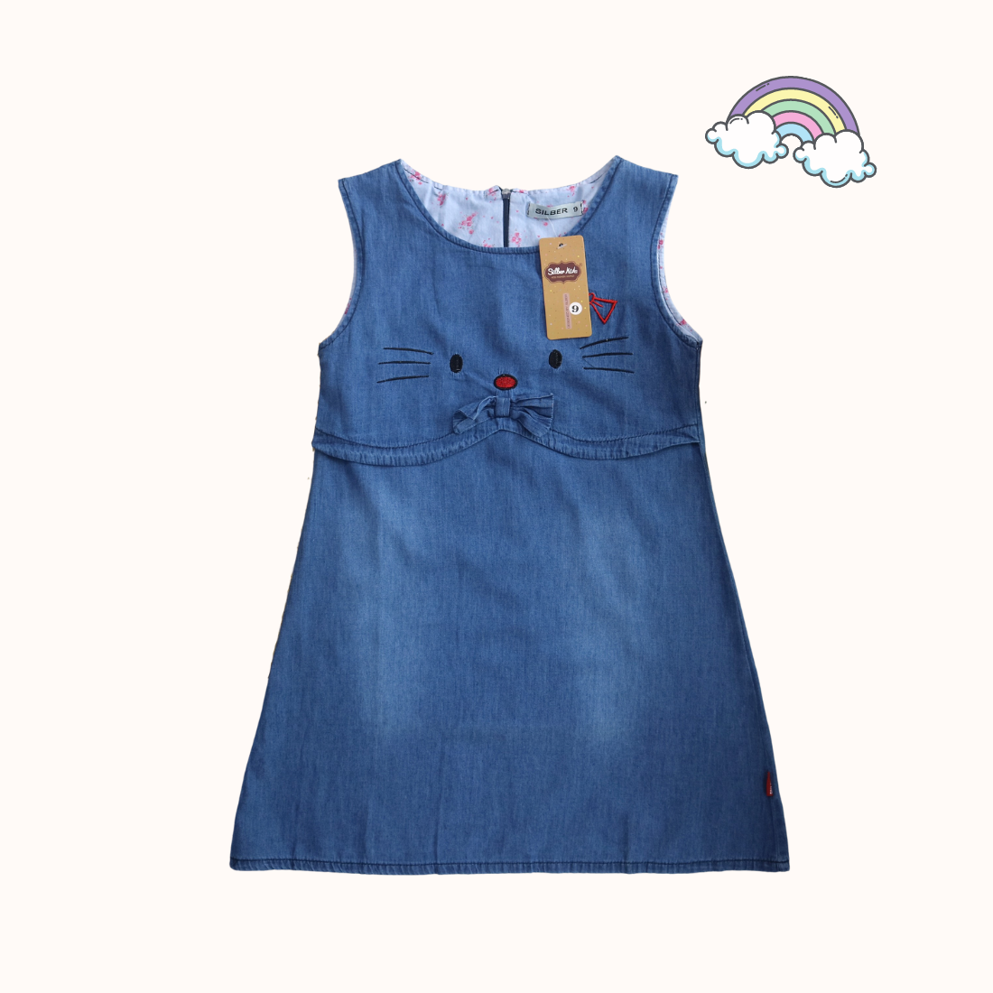 Váy Đầm Bé Gái Vải Jean 25-39kg Thêu Mèo Nơ Eo SILBER KIDS