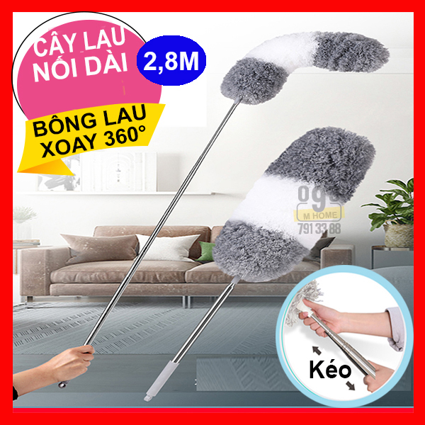 Combo cây lau vệ sinh nhà cửa văn phòng gậy nối dài 2.8 mét gồm 1 bông lau 360