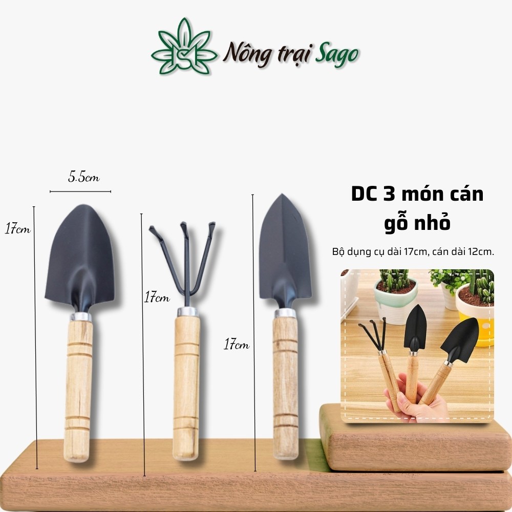 Dụng Cụ Làm Vườn 3 Món Cán Gỗ Nhỏ - Gồm: 2 Xẻng, 1 Cào tiện dụng, chất lượng tốt, bền bỉ - Nông Trại Sago