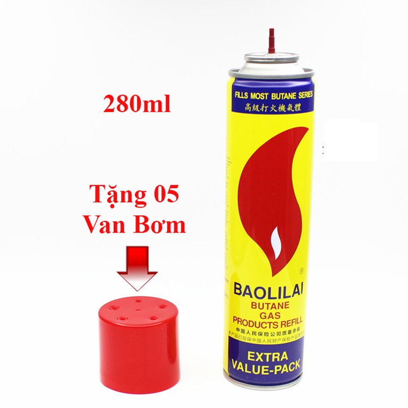 Bình Gas bơm Hộp Quẹt Bật Lửa Baolilai kèm 5 van bơm cho các loại Hộp Quẹt Bật Lửa ga dung tích 280m