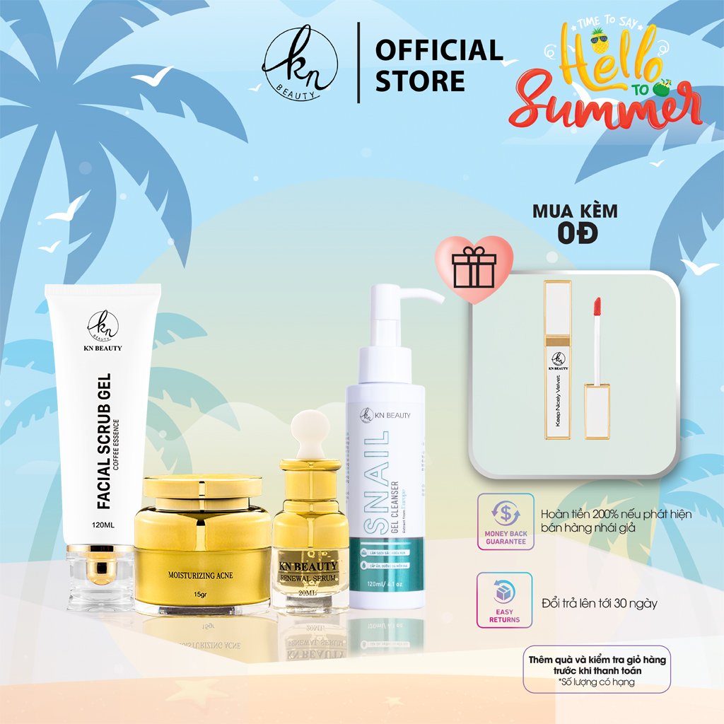 Bộ 4 bước chăm sóc da Trắng sáng Ngừa mụn KN Beauty chuyên sâu: Kem dưỡng 15g + Serum 20ml+ Sữa rửa mặt 120ml+ Tẩy tế bào chết 120ml (Quà Tặng Son KN Beauty)