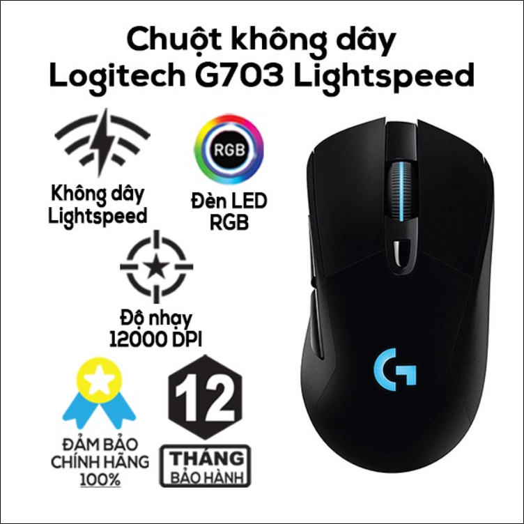 ( SALE 50% ) CHUỘT CHƠI GAME ĐỈNH CAO CHUỘT KHÔNG DÂY MÁY VI TÍNH Chuột Logitech Gaming G703 Hero Lightspeed - Black (Wireless) ĐƯỢC TĂNG CƯỜNG VỚI CẢM BIẾN HERO 25K ĐỘ CHÍNH SÁC CAO BH 12 THÁNG