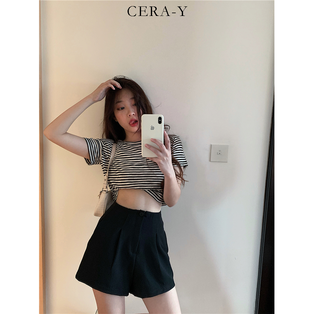 Áo thun croptop cera-y form rộng tay ngắn sọc trắng / đen cra044