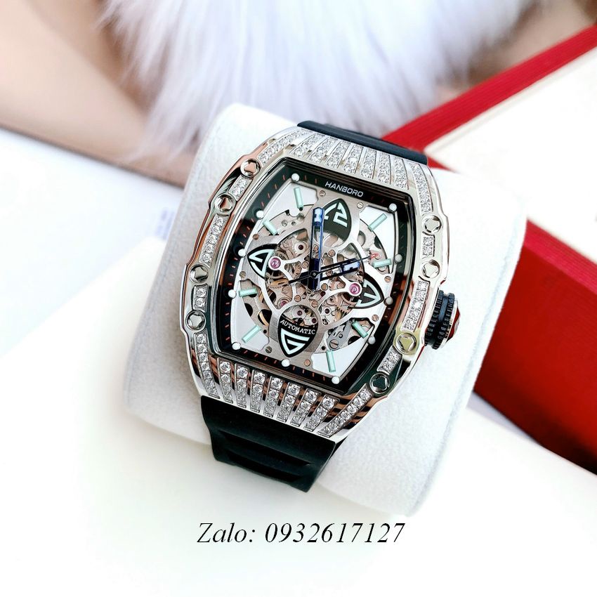 Đồng Hồ Nam Hanboro By Huboler Automatic Đính Pha Lê Silver Phá Cách Dây