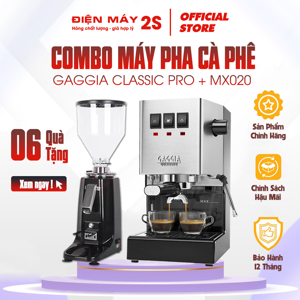 COMBO Máy pha cà phê Gaggia Classic Pro và Máy xay cà phê CRM 020 chính hãng - sử dụng cho văn phòng, quán cà phê vừa và nhỏ - Máy pha Gaggia Classic Pro xuất xứ và nhập khẩu Italia - Bảo hành 01 năm