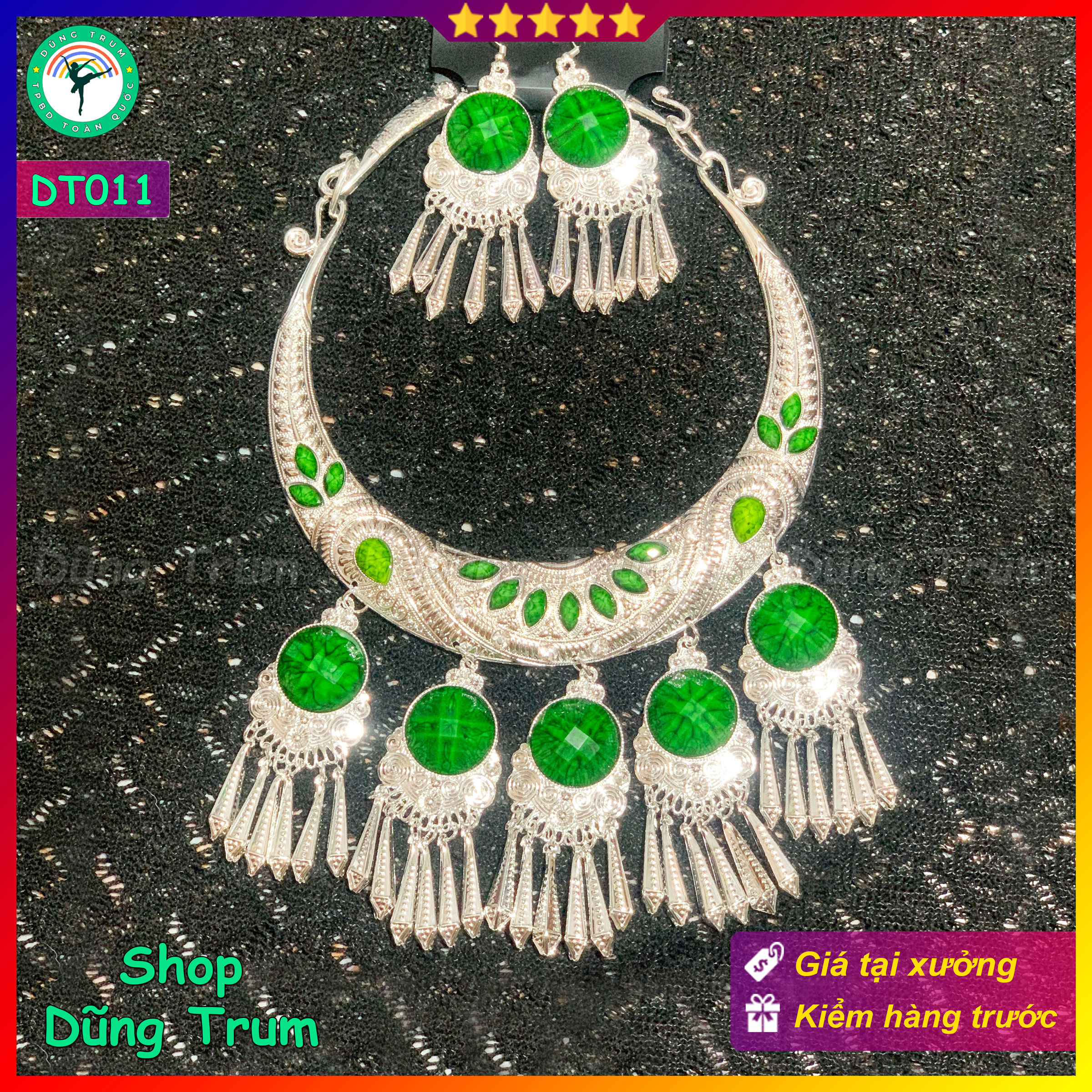 Kiềng cổ dân tộc kèm 2 bông tai, vòng cổ hầu đồng hầu Thánh DT011