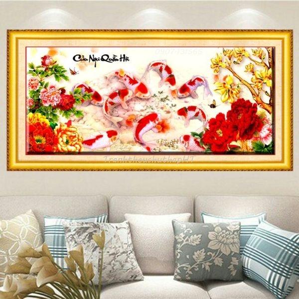 tranh thêu chữ thập Cửu ngư quần hội LV3274 (127*55CM)