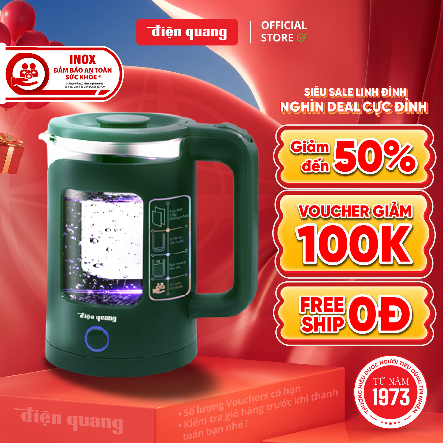 Điện Quang ĐQ EKT16 1515 MG - Ấm đun nước siêu tốc 1.5L, Xanh rêu, Thủy tinh