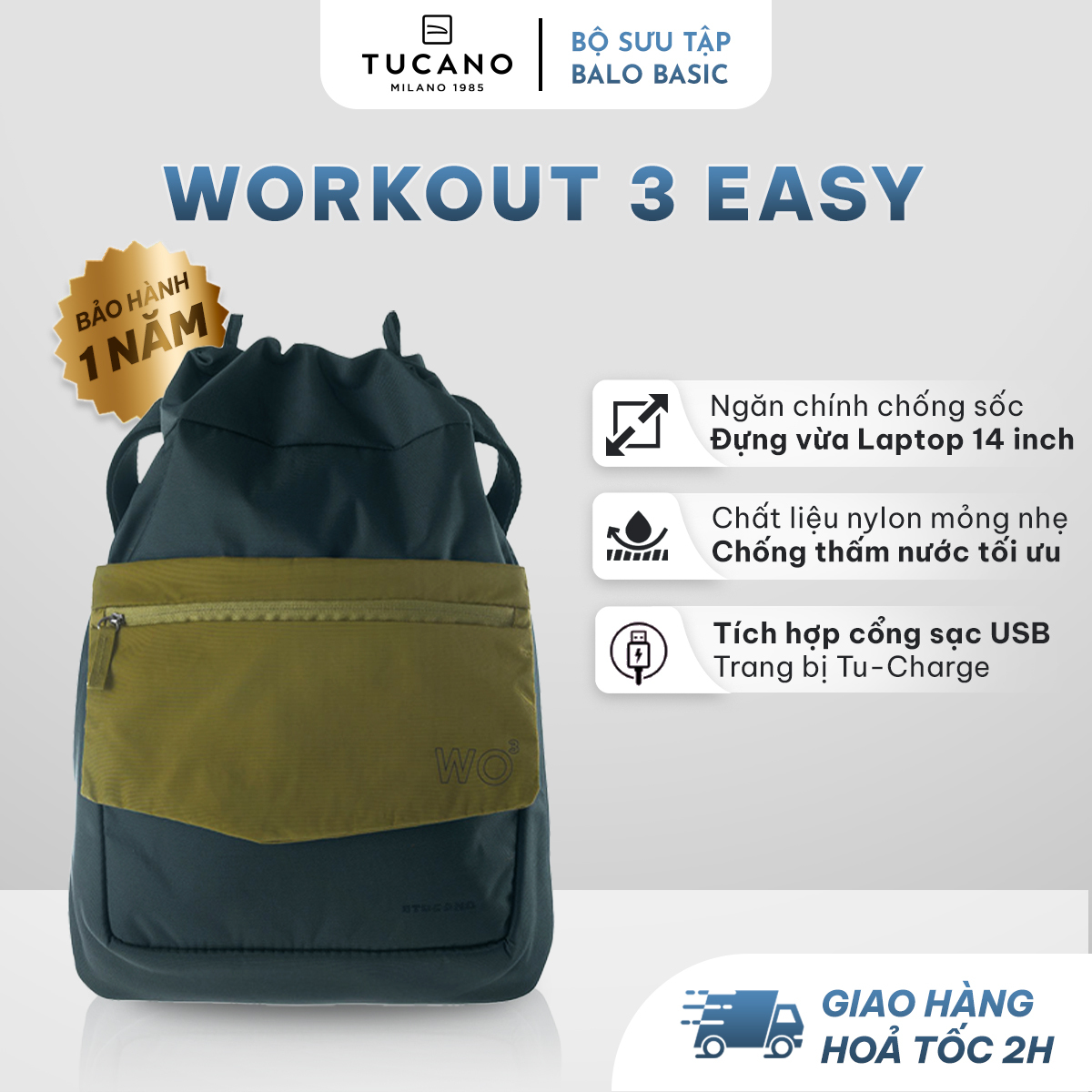 Balo Laptop/ Macbook Tucano Workout 3 Easy cao cấp có cổng kết nối USB 13 inch