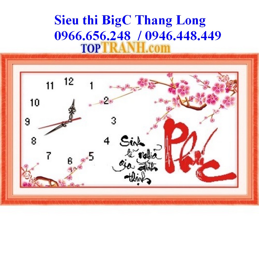 Tranh thêu chữ thập đồng hồ chữ phúc cành hoa đào 222540 chưa thêu