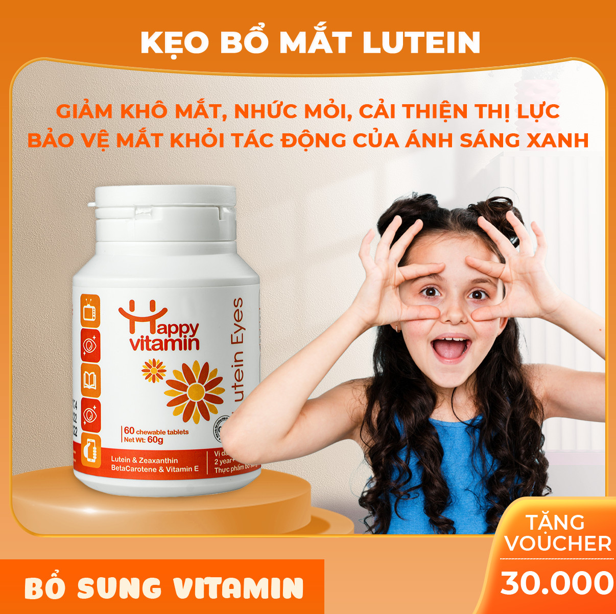 Viên ngậm bổ mắt, giảm nhức mỏi mắt, cải thiện thị lực Happy Vitamin Lutein Eyes - Bảo vệ mắt trước Tivi,Ipad