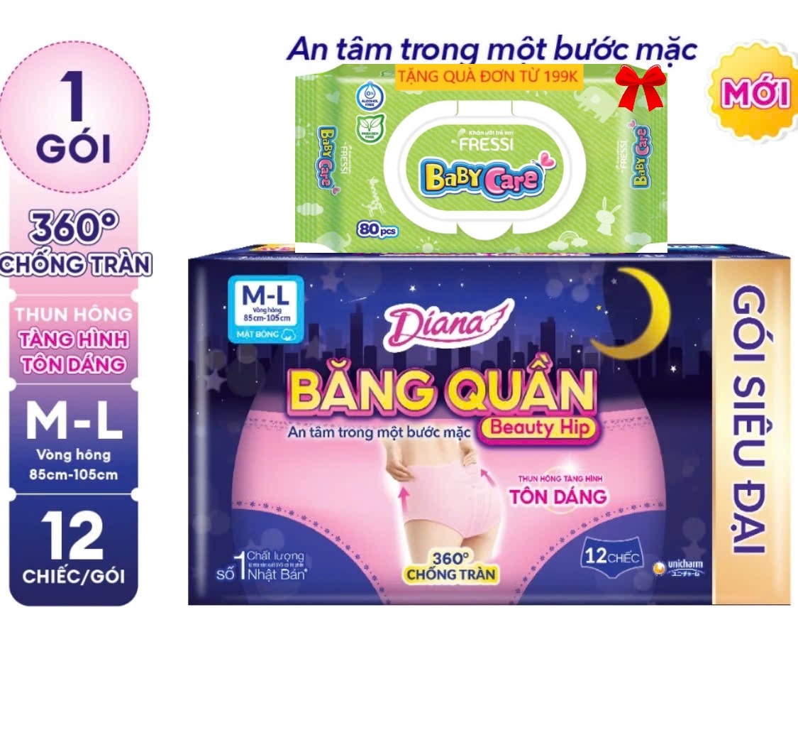 (12 Miếng/Gói) - 1 Gói Băng Vệ Sinh Dạng Quần Diana Sensi Chống Tràn 360 size M-L - Date Mới