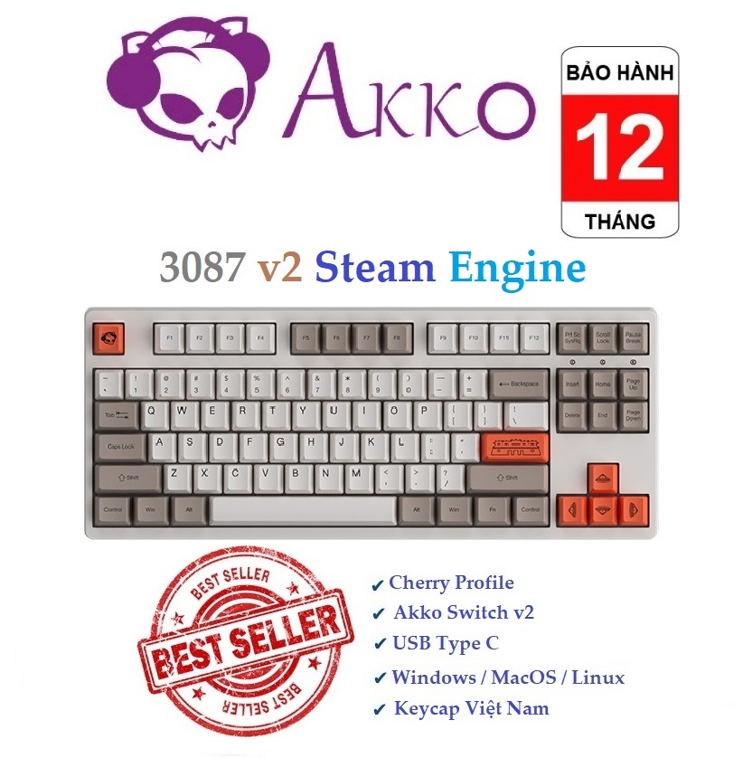 Phím cơ akko 3087 v2 steam engine akko switch v2 / foam tiêu âm / tặng keycap việt nam - bh 12 tháng