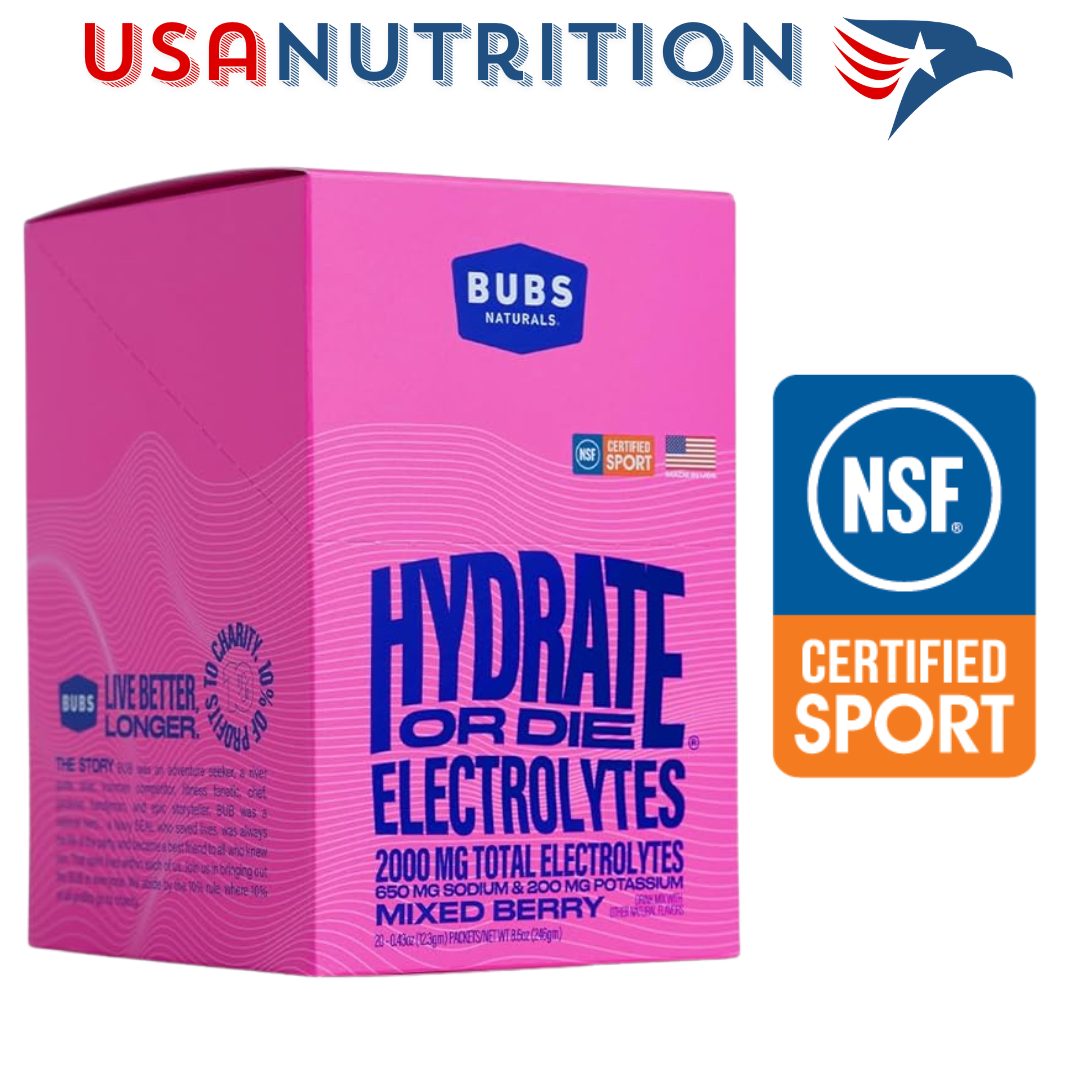 Bột điện giải 2000mg Electrolytes chứng nhận NSF Sport : Bubs Naturals hộp 20 gói